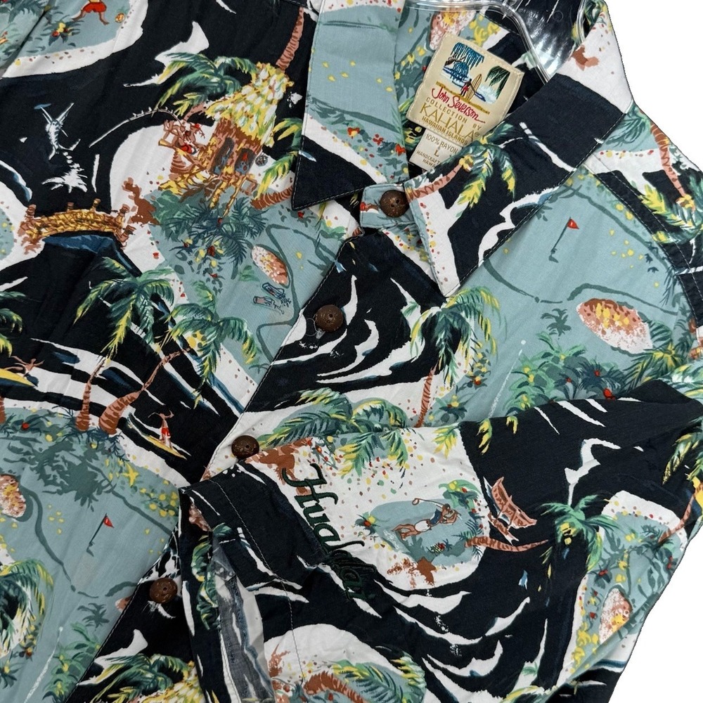 Kahala John Severson Hawaiian Shirt Mens L Rayon Black Aqua Surf Made in Hawaii